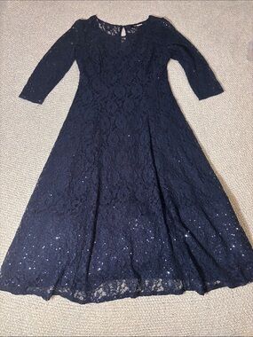 Ignite Evenings Navy Blue Sequin Lace Midi Dress Size 8